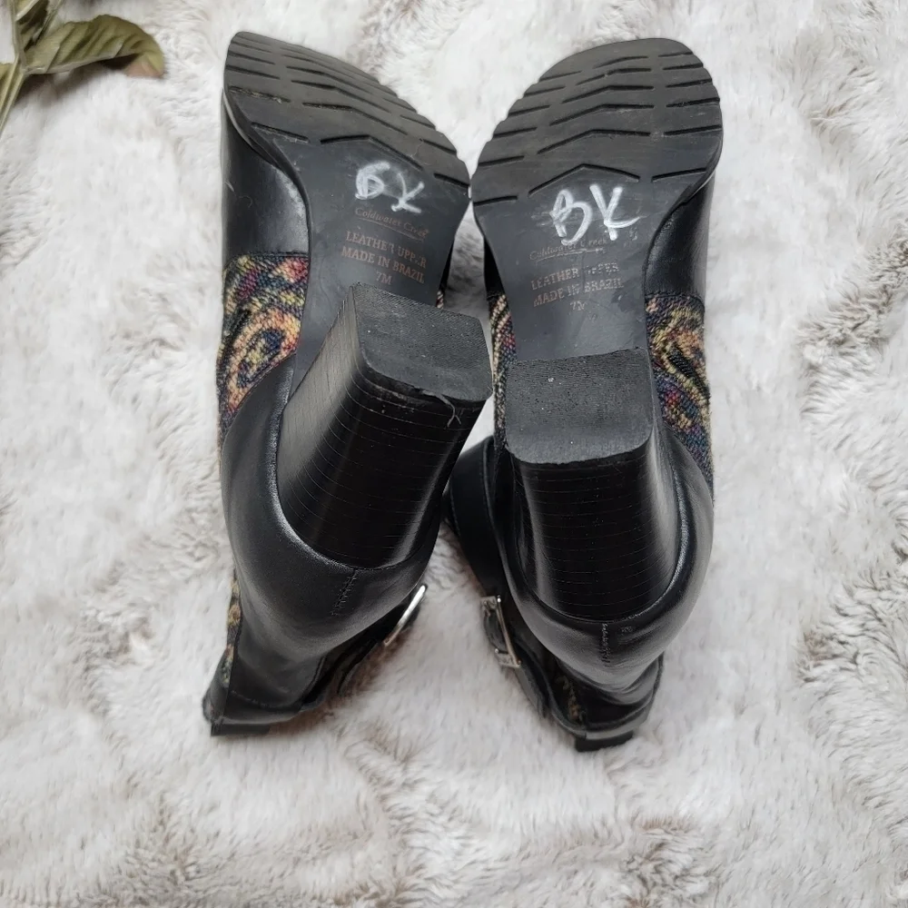 Coldwater Creek Leather Upper Fabric Panel Ana Ankle Buckle Accent Boots Size 7M
